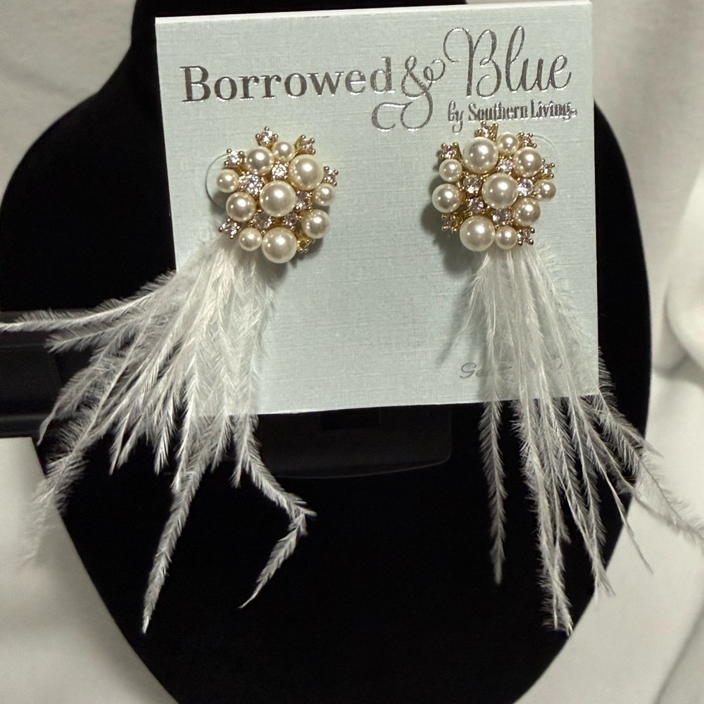 Borrowed & Blue CZ & Pearl Cluster Stud White Multi Feather Earrings - NWT